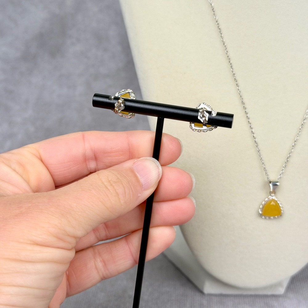 Yellow Jade Triangle Pendant Necklace and Stud Earrings Set Sterling Silver 18" - Picture 7 of 11
